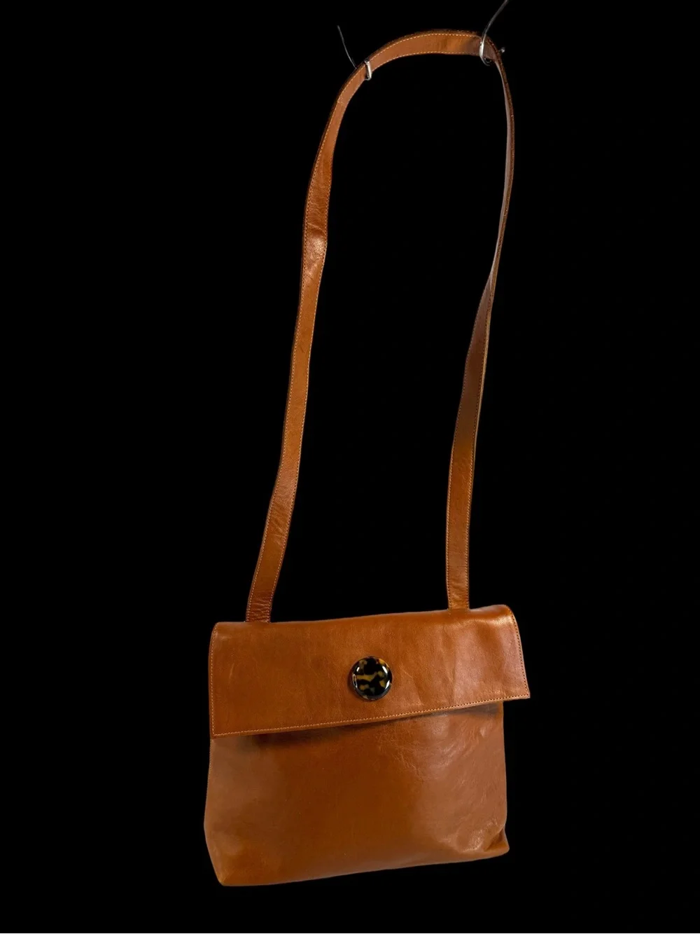 Retro Paris Sleek Cognac Brown Leather Shoulder Bag with Tortoiseshell Accent
